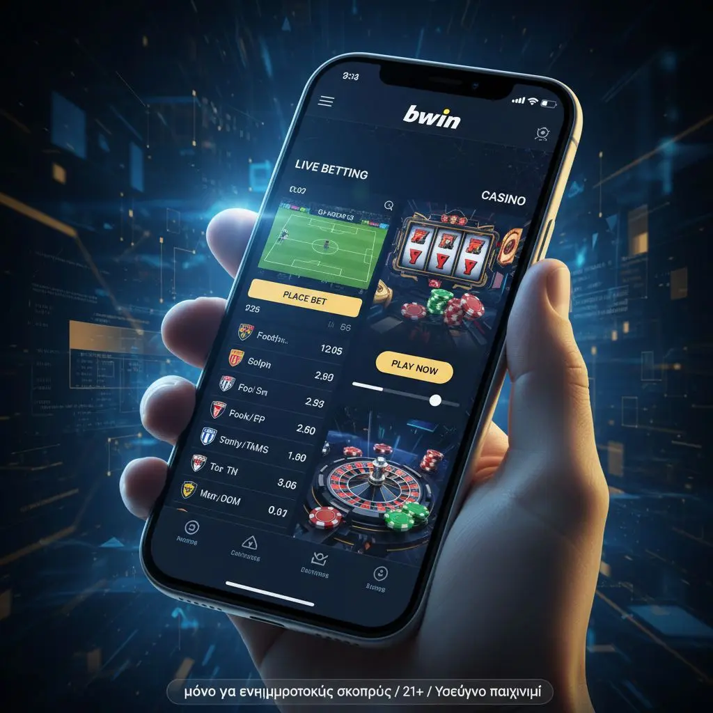 Σύγχρονο banner με interface εφαρμογής bwin σε iPhone και αέρα live στοιχήματος