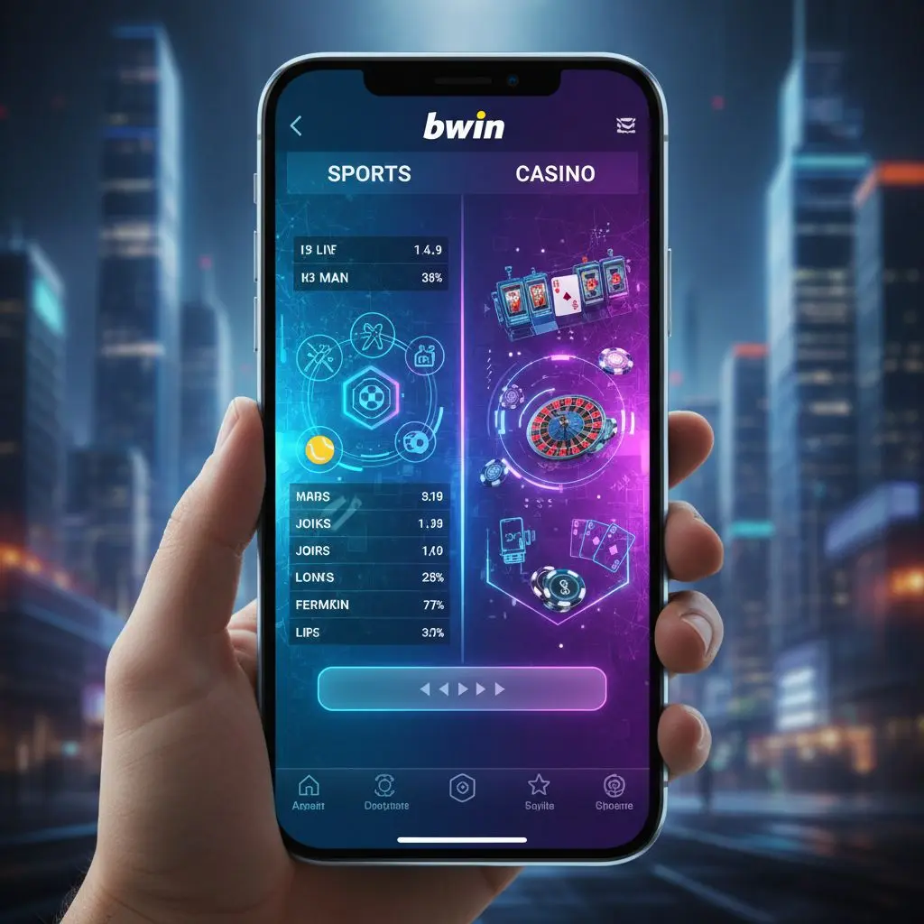 Οθόνη iPhone με ανοιχτή την εφαρμογή bwin, εμφανείς οι βασικές κατηγορίες