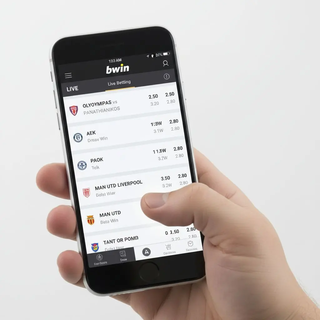 iPhone με ενεργή οθόνη bwin app και εμφανή λίστα στοιχηματικών αγώνων