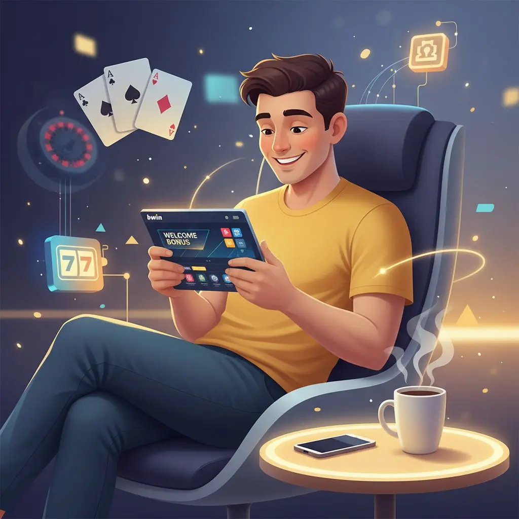 Νέος παίκτης εξερευνά την πλατφόρμα bwin σε laptop/κινητό, συναίσθηση welcome bonus