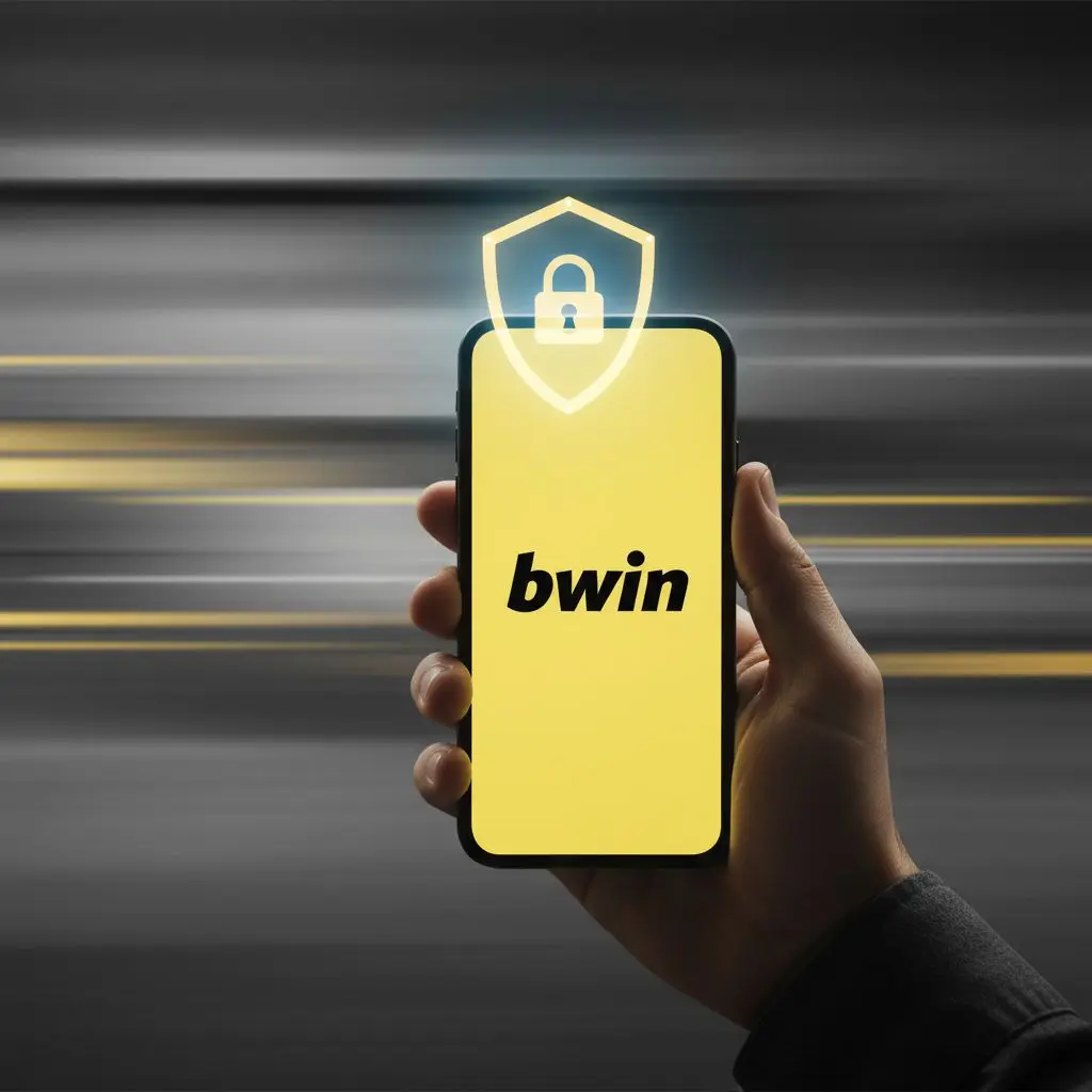 Χέρι κρατά smartphone με λογότυπο bwin, φόντο ασφάλειας και ταχύτητας