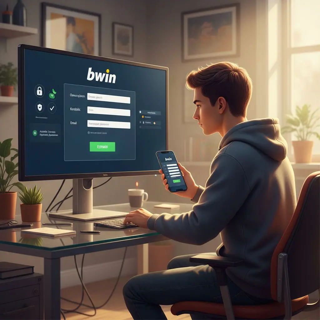 Νέος μπροστά σε οθόνη με φόρμα εγγραφής bwin και εικονίδια ασφάλειας