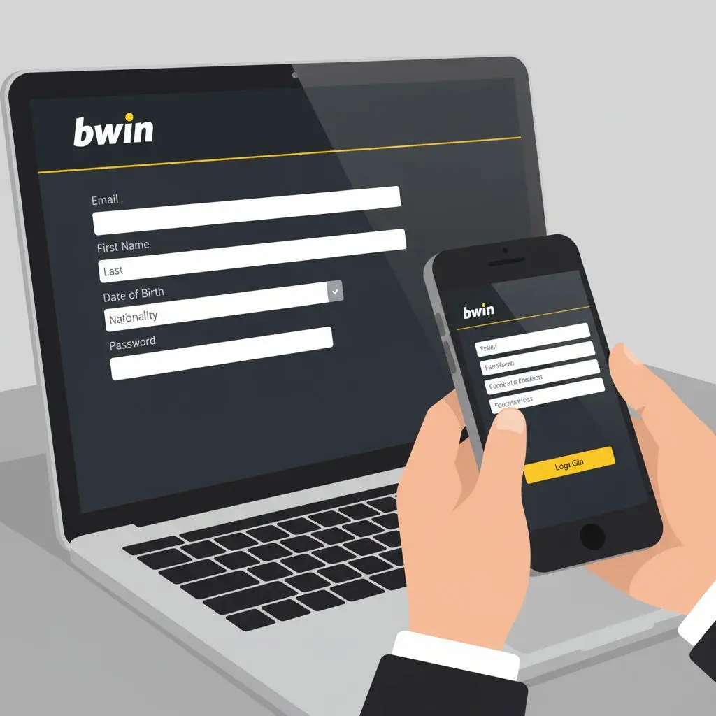 Φόρμα εγγραφής bwin με πεδία email και προσωπικών στοιχείων σε υπολογιστή και κινητό