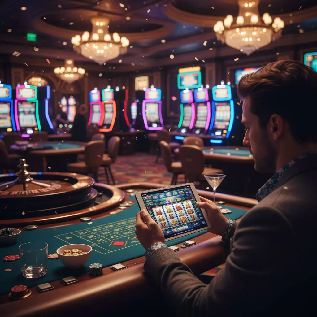 Παίκτης παίζει φρουτάκια Bwin από κινητό σε ατμόσφαιρα καζίνο