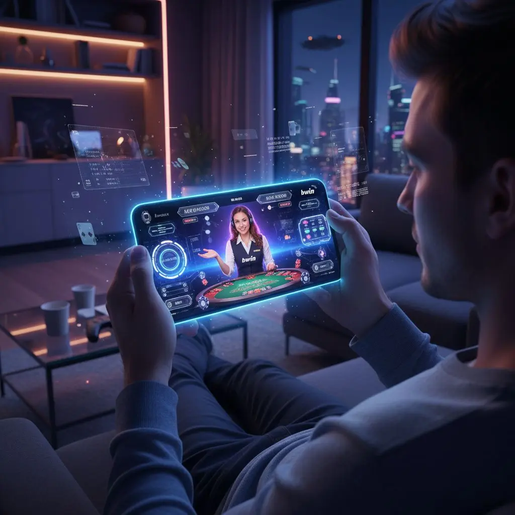 Παίκτης χρησιμοποιεί mobile app bwin για live casino με εμφανή κουμπιά και κρουπιέρη