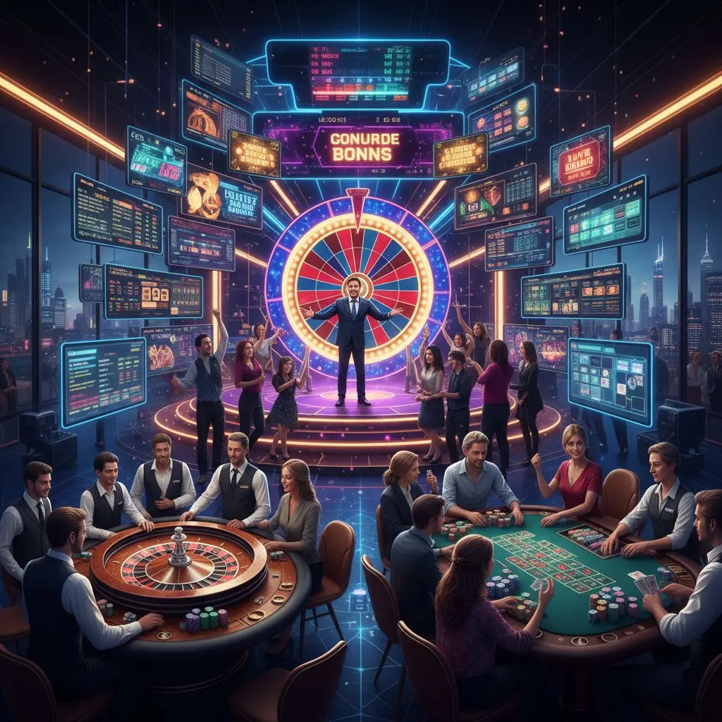 Κολάζ με διαφορετικά τραπέζια live casino: ρουλέτα, blackjack, game show