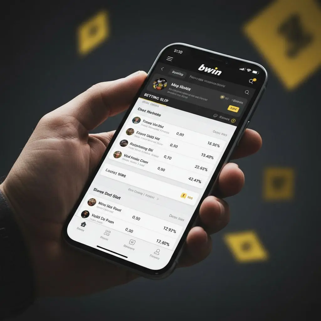 Χέρι με smartphone, οθόνη με την bwin mobile app, σκούρο φόντο, κίτρινες λεπτομέρειες.