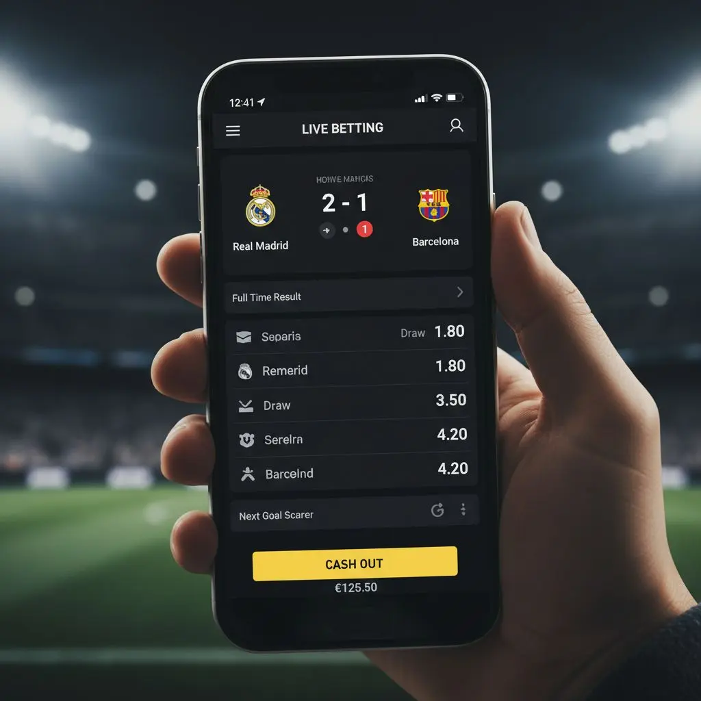 Οθόνη bwin app σε κινητό με live στοίχημα και cash out κουμπί.