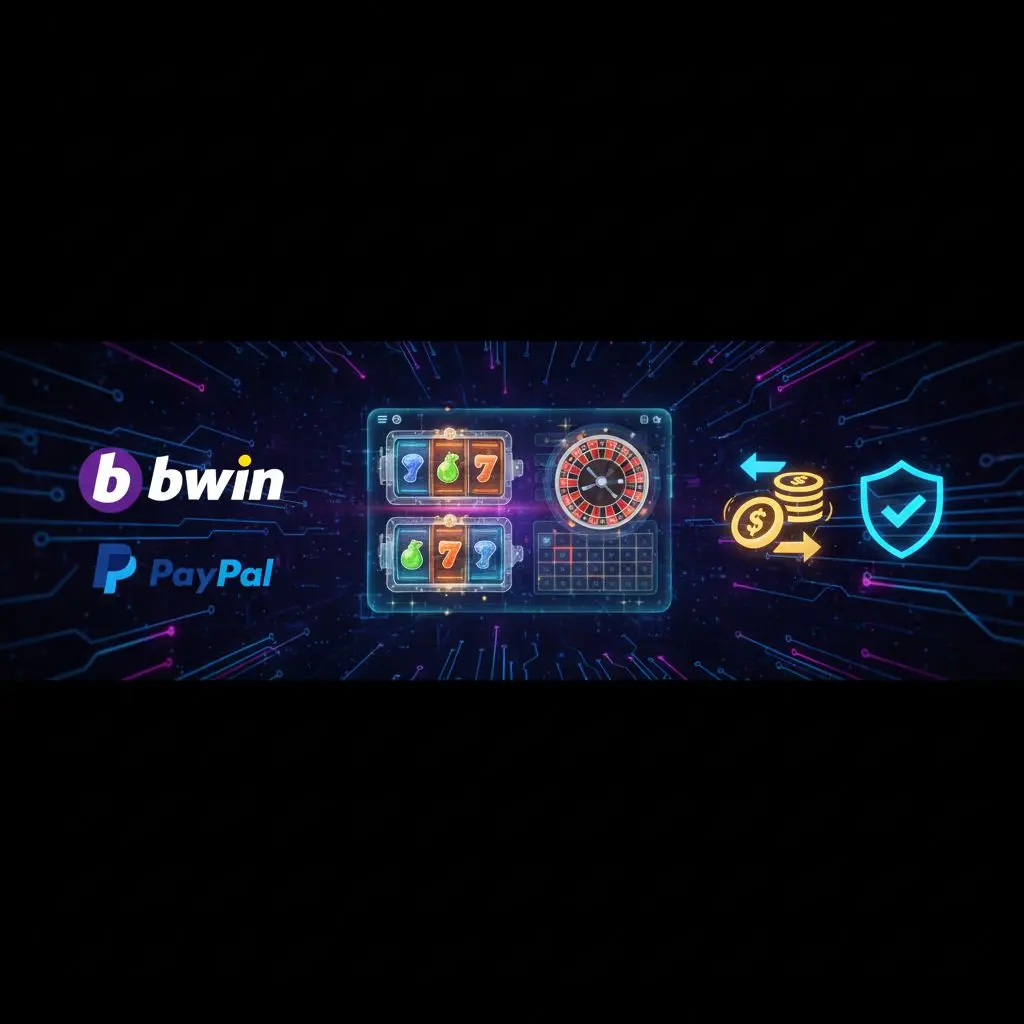 Bwin και PayPal logos με φόντο online casino και εικονίδια ασφαλών συναλλαγών