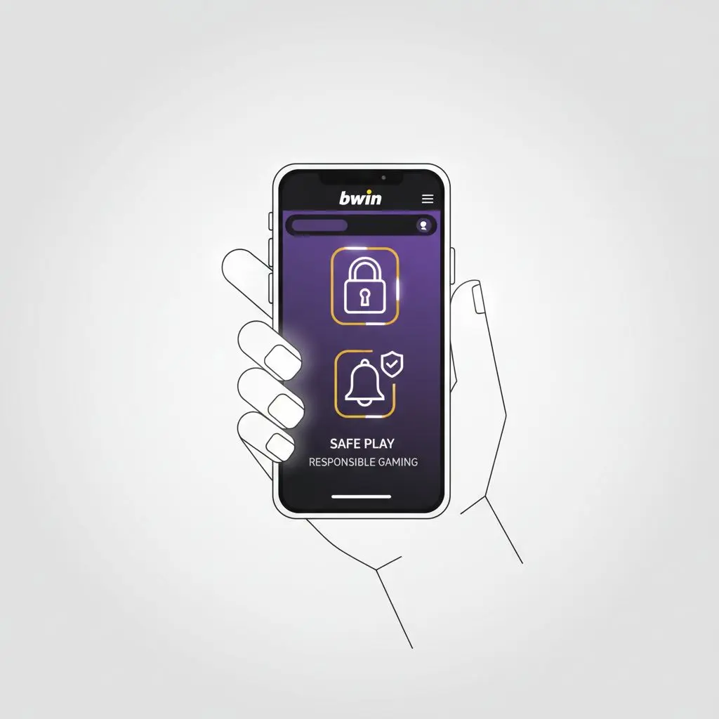 Κινητό με bwin poker app και εικονίδια ασφαλούς και υπεύθυνου παιχνιδιού