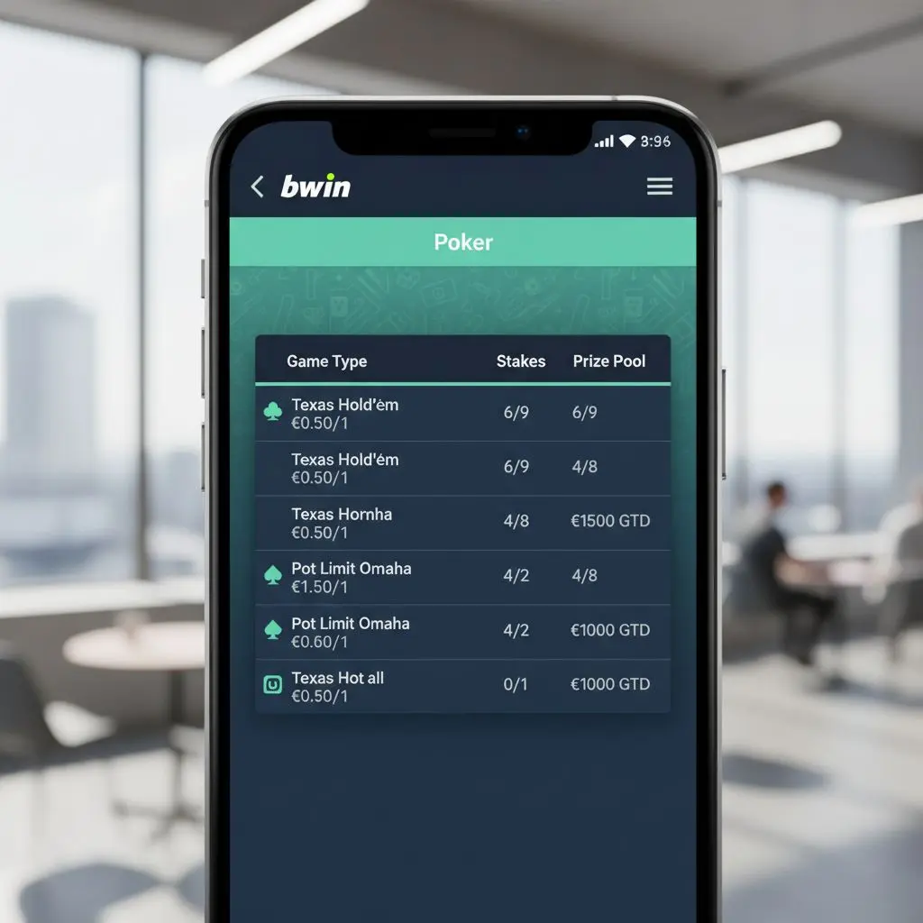 Οθόνη με εσωτερικό μενού poker στην εφαρμογή bwin σε κινητό