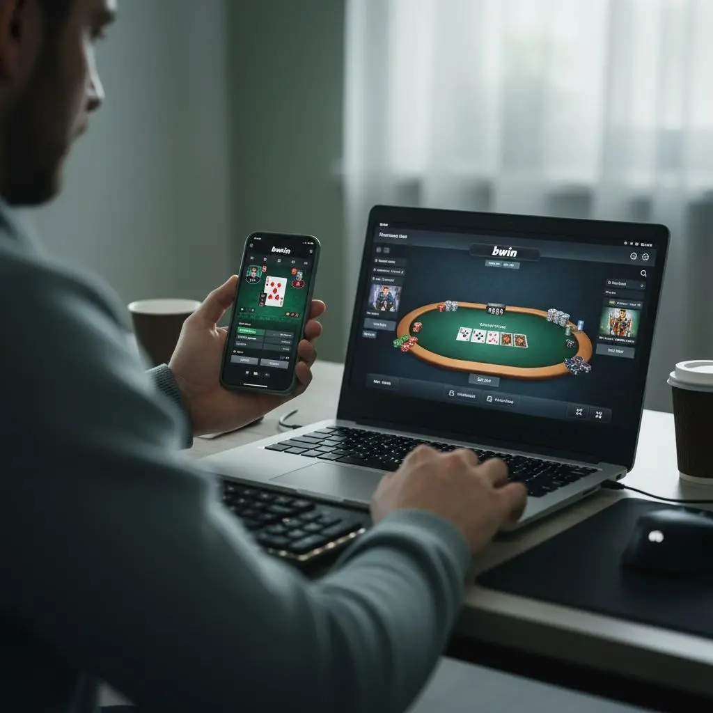 Παίκτης με ανοιχτό τραπέζι πόκερ bwin σε κινητό και laptop σε ουδέτερο γραφείο