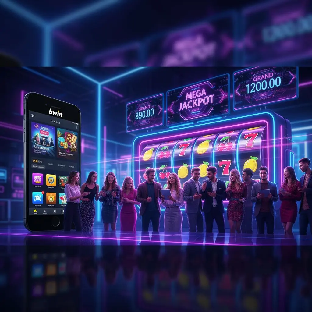 Σύγχρονο ψηφιακό μπάνερ online bwin slots με κινούμενους κυλίνδρους και σύμβολα φρουτάκια