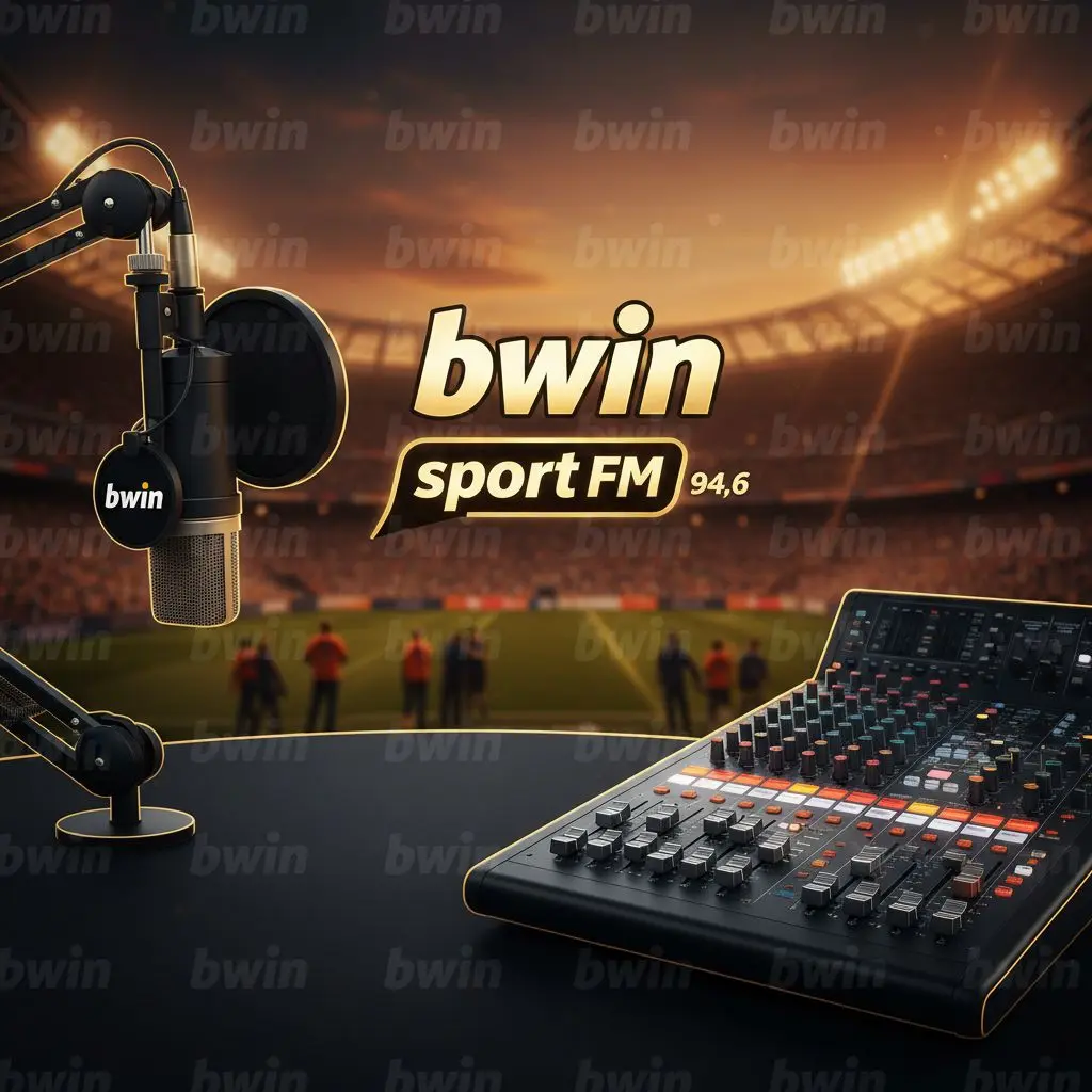Λογότυπο Bwin Sport FM 94.6, μικρόφωνο και γήπεδο σε στούντιο με διακριτική αναφορά στη bwin